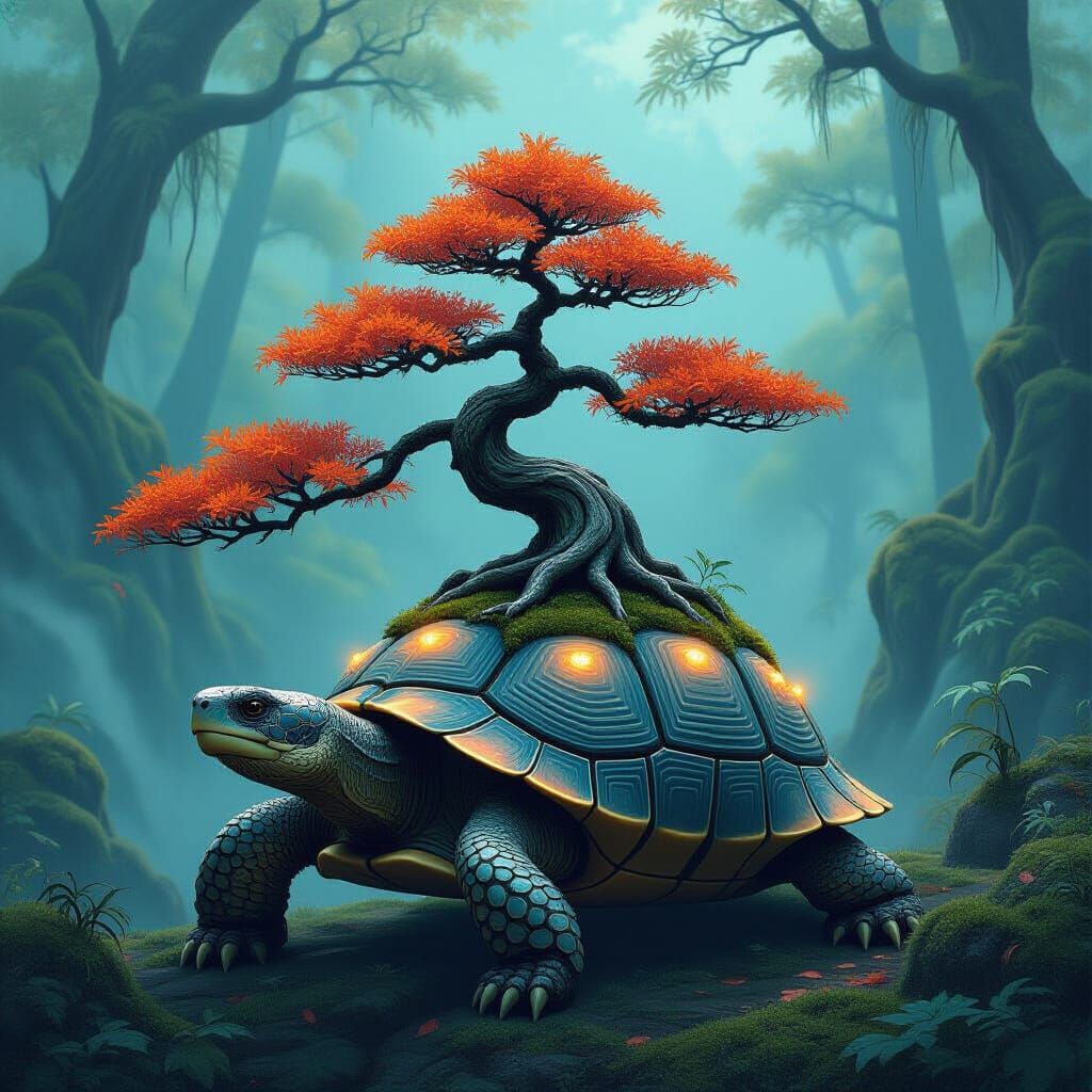 Bonsai and Tortoise in Bioluminescent Forest