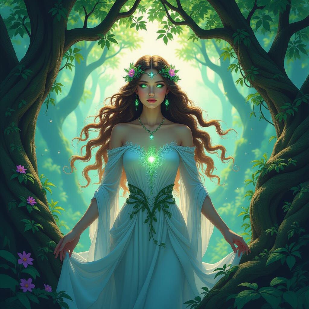 Ethereal Forest Goddess in Art Nouveau Style