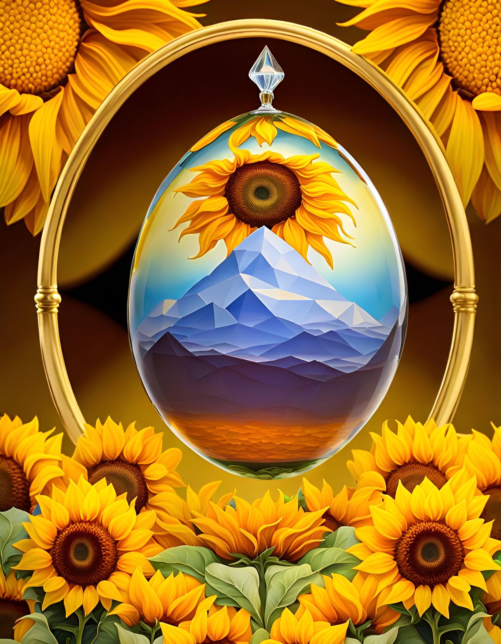 Sunflower in Glass Oval: Surreal Pastoral Scene