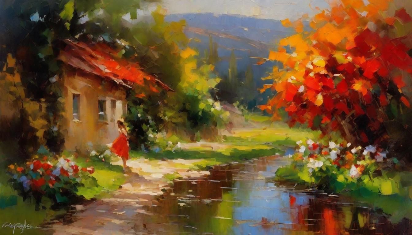 Colorful Dream House by Stream as Oil Painting