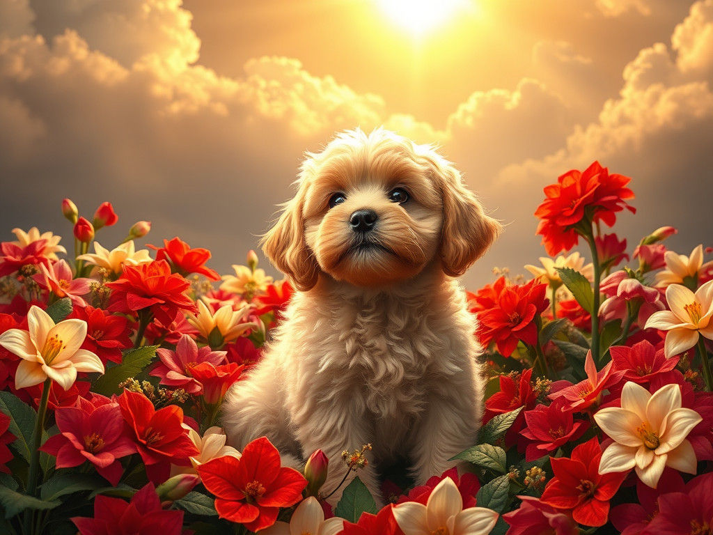 Cavoodle Golden Sun Flower Field