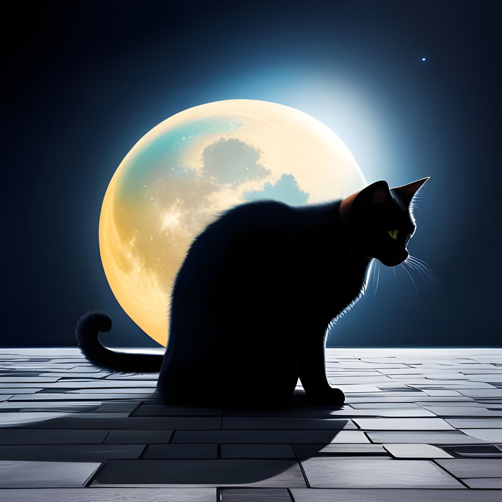 Black Cat Shadow Under Moonlight, Digital Art