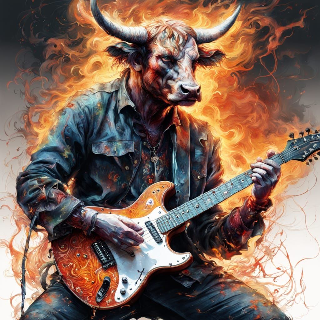 Fiery Bull Guitarist in Dark Fantasy Style