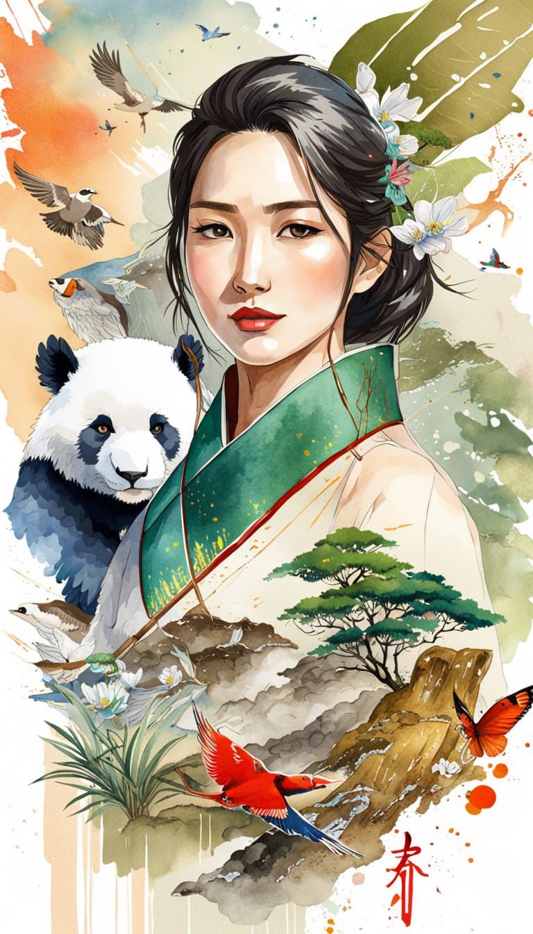 Watercolor Portrait of Chinese Girl and Wildlife