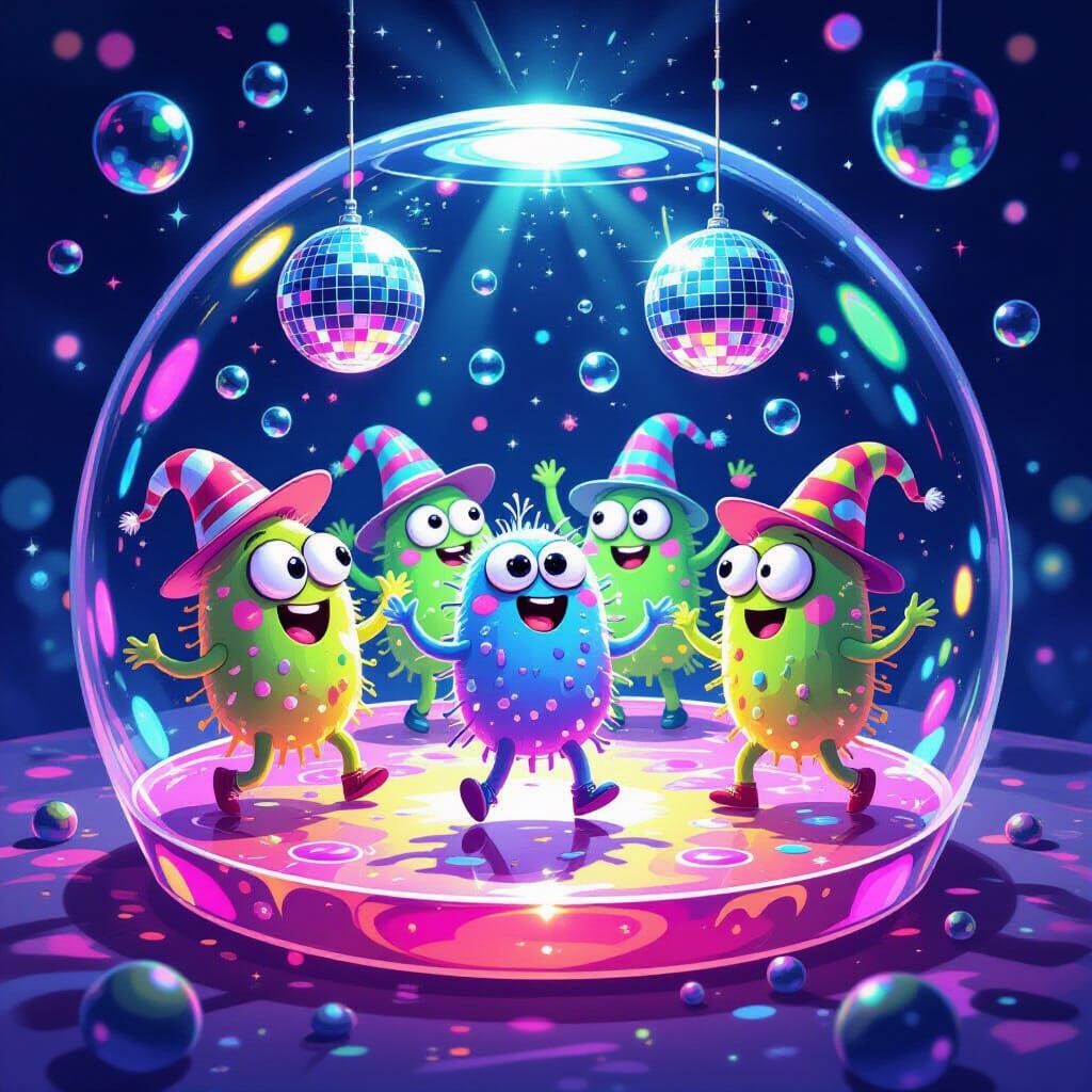 Psychedelic Microbe Rave in Luminous Petri Dish