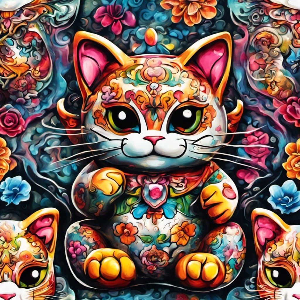 Maneki Neko Lucky Cat with Sugar Skulls in Graffiti Art