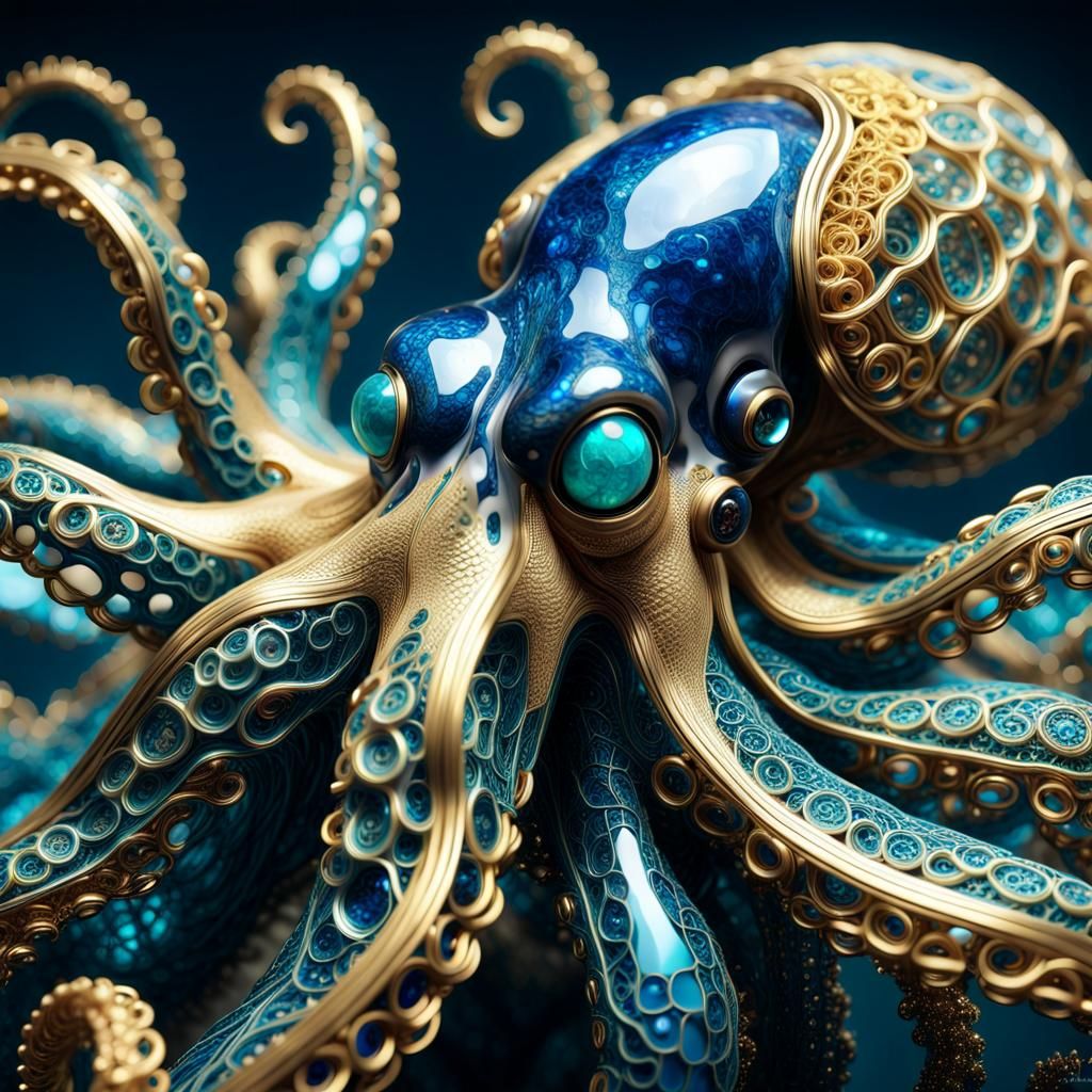 Golden Fractal Octopus Digital Sculpture in 8K