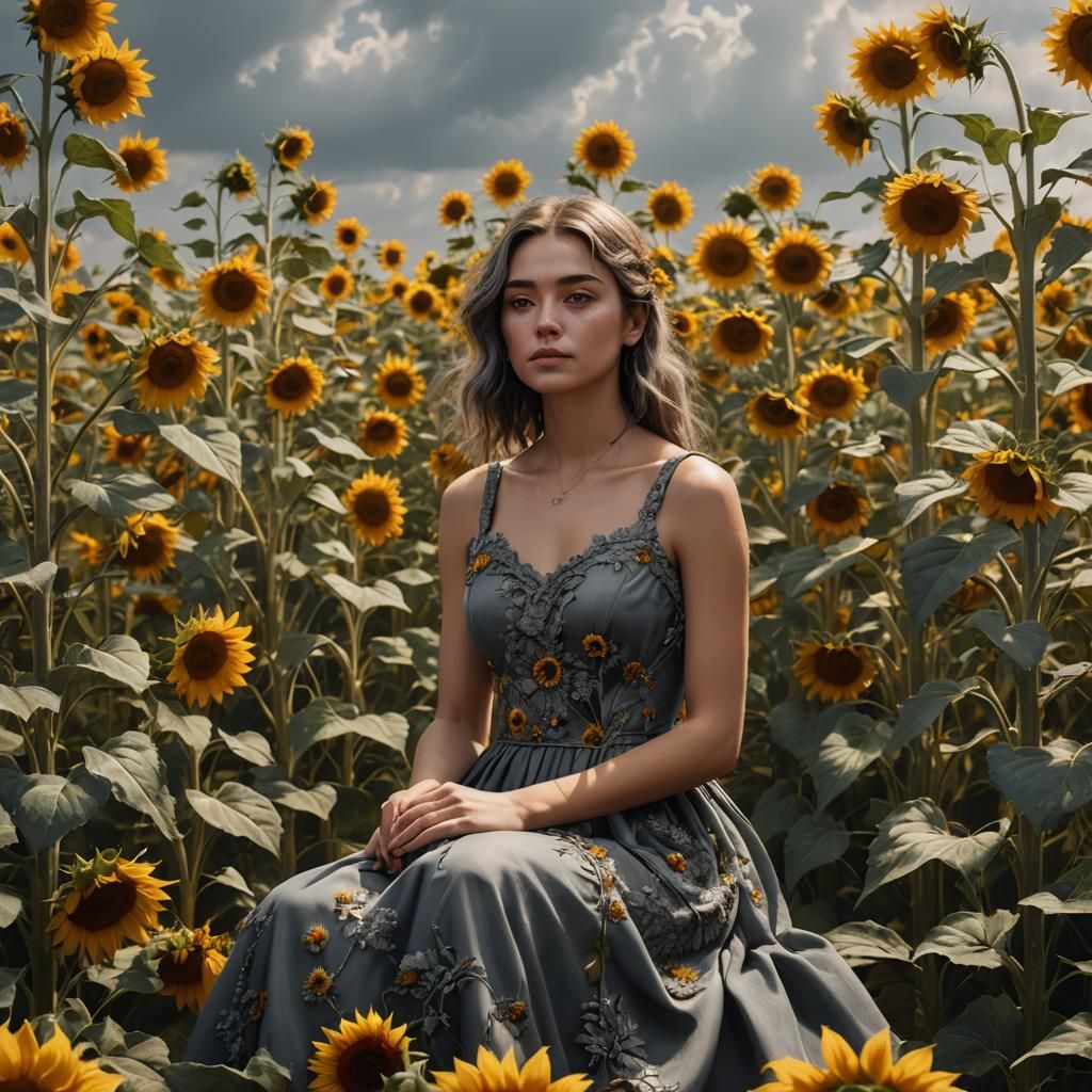 Young Woman in Sunflowers: Detailed Matte Painting