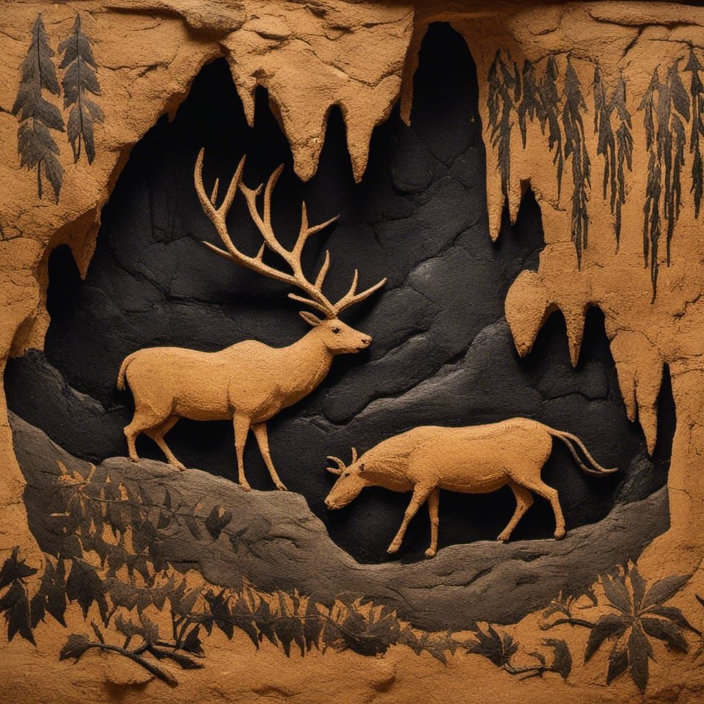 Elk Cave Painting in Stone Age Silhouette