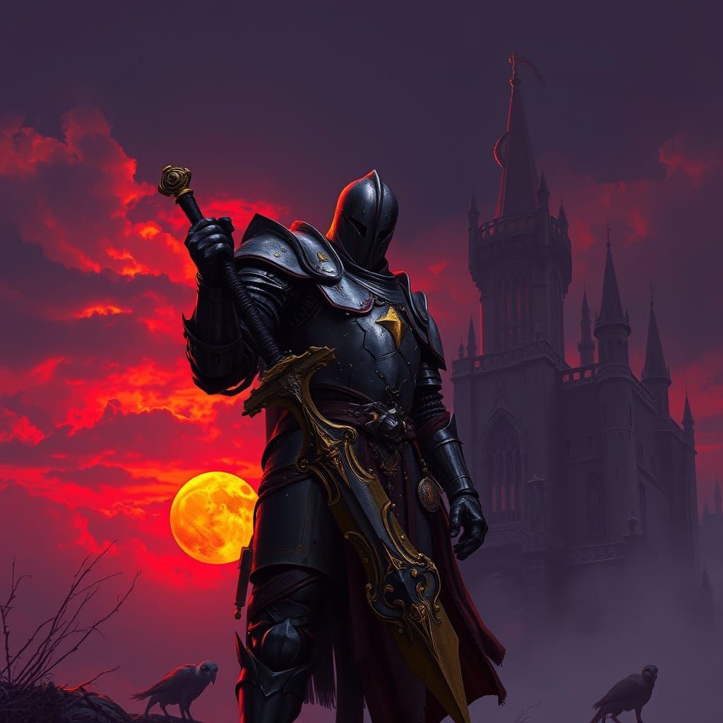 Weary Knight Silhouetted Against Ominous Sunset