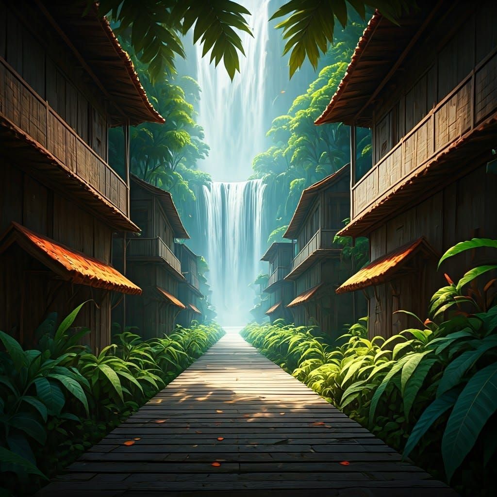 Lush Village Waterfalls: Detailed Matte Painting