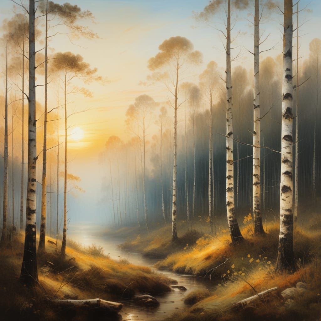 Romantic Sunset Over Misty Pine Forest Landscape