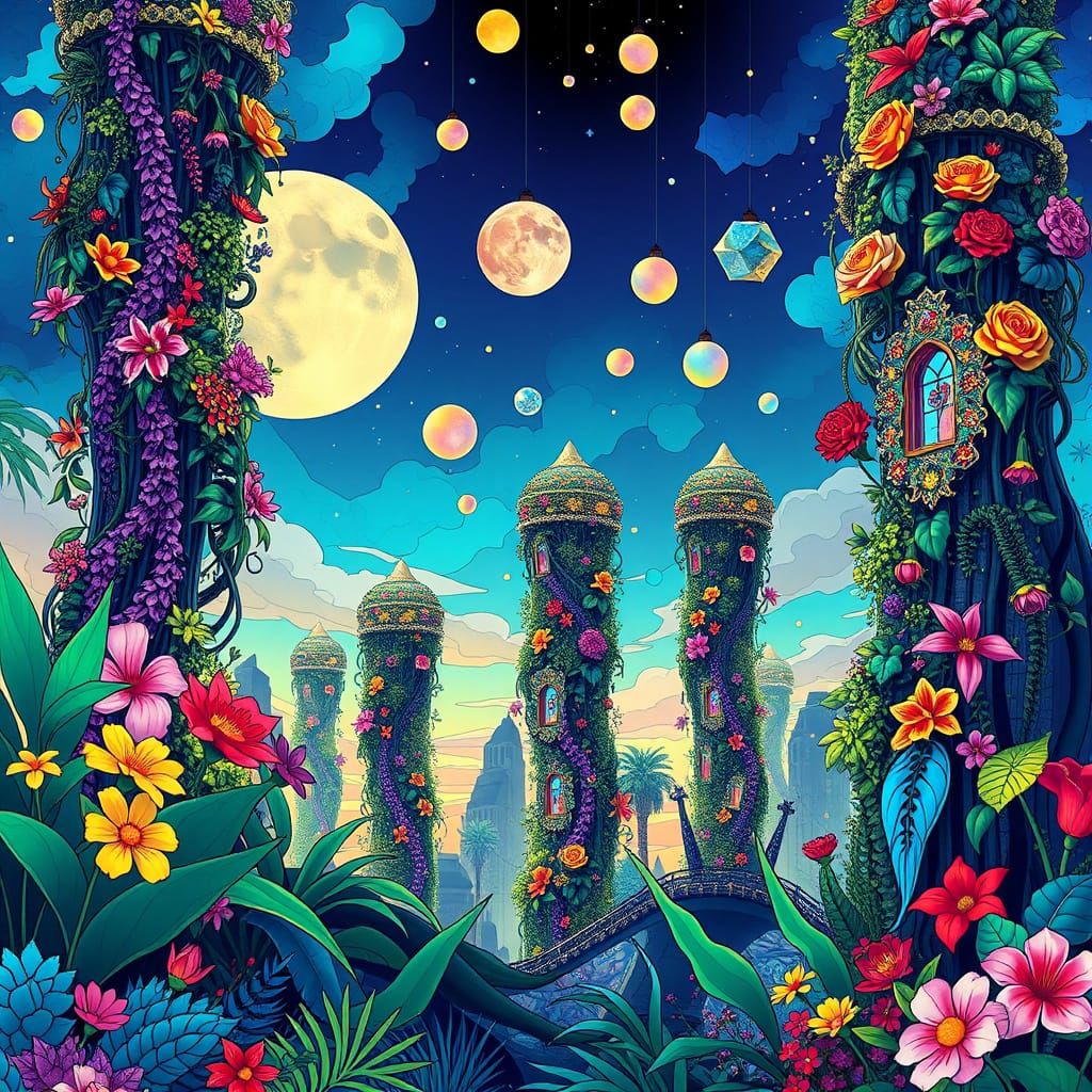 Alien Sky Over Vertical Gardens in Stained Glass Style