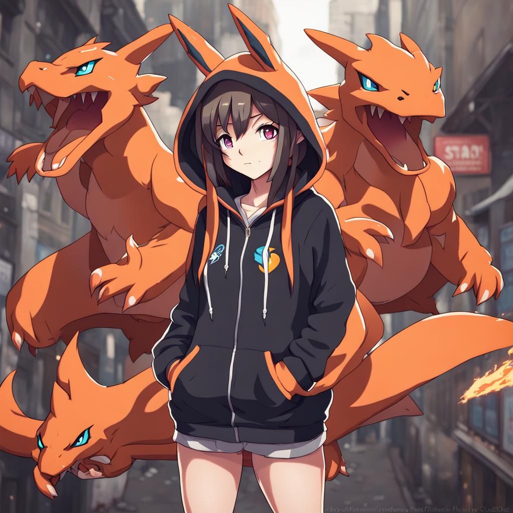 Anime Girl in Charizard Hoodie