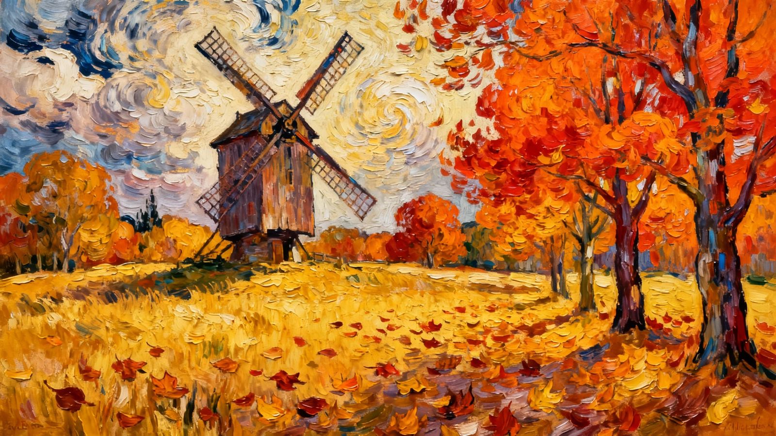 Rustic Autumn Windmill in Expressive Oil Style