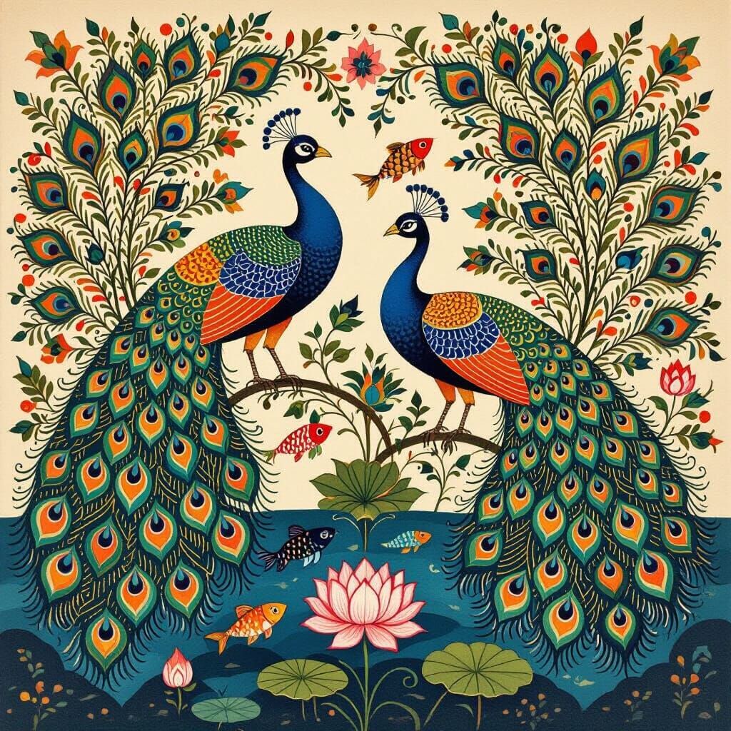 Peacocks and Lotus Flowers in Madhubani Style