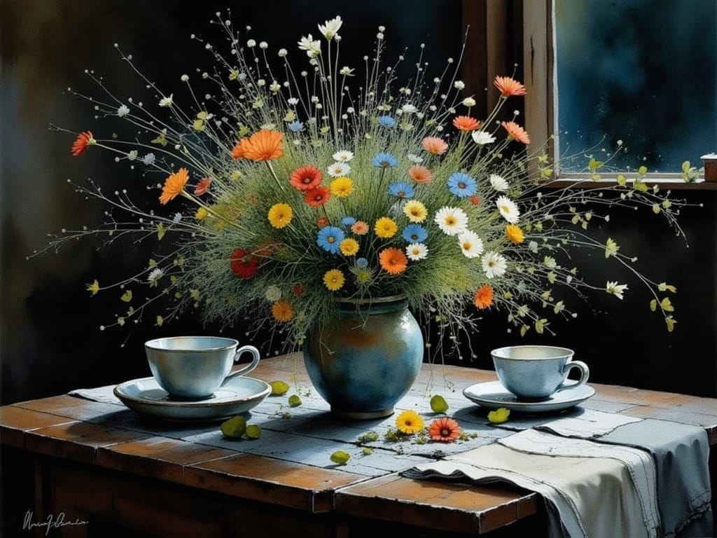 Meadow Blooms in a Chipped Cup: Whimsical Watercolor Scene