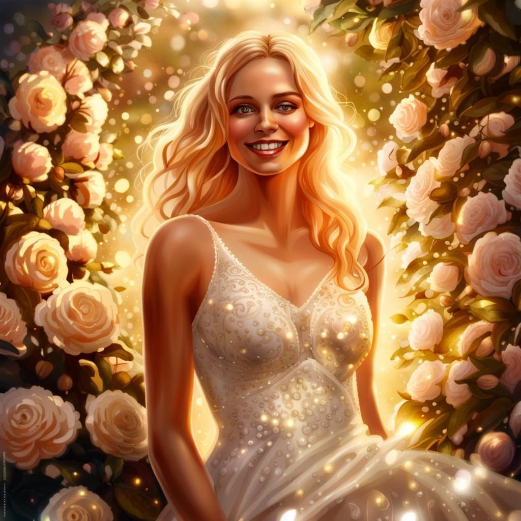 Radiant Bride in Rose Garden: Hyperrealistic Image
