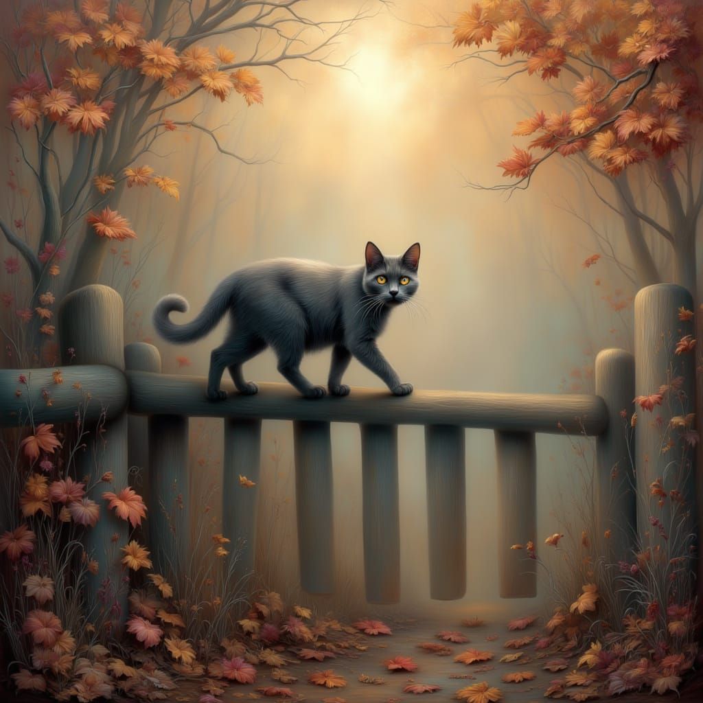Grey Cat on Autumn Fence Amidst Frosty Mist