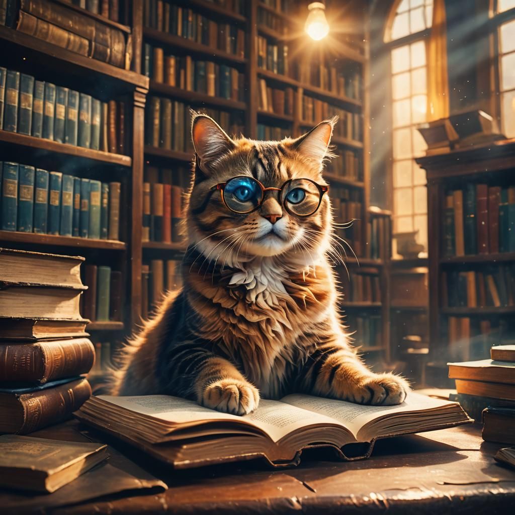 Cat Reading in Library as Detailed Matte Painting