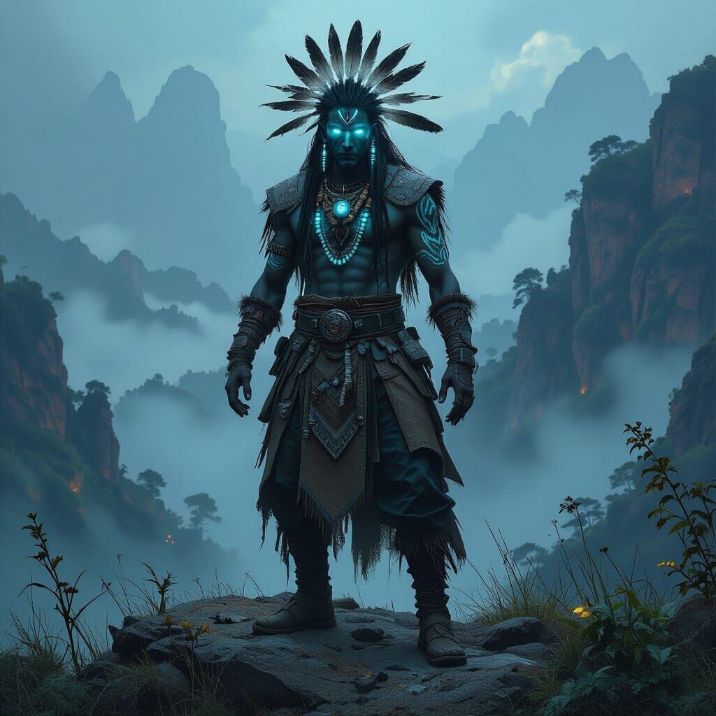 Bioluminescent Forest Guardian in Cyberpunk Fantasy Style