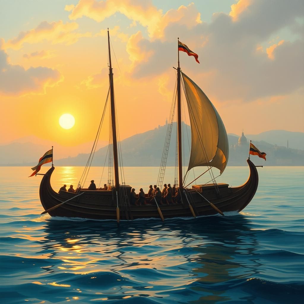 Majestic Galley Ship Sails at Sunset