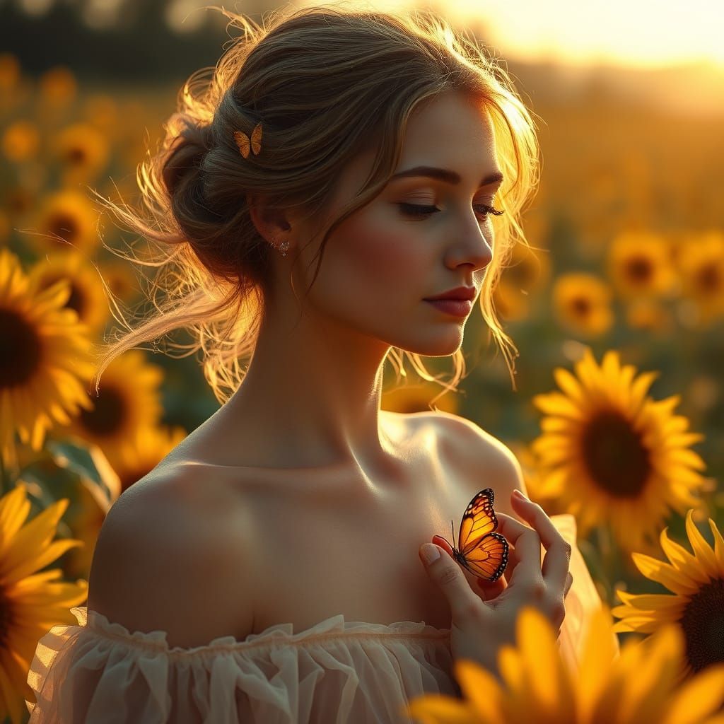 Serene Woman in Sunflower Field with Butterfly Heart