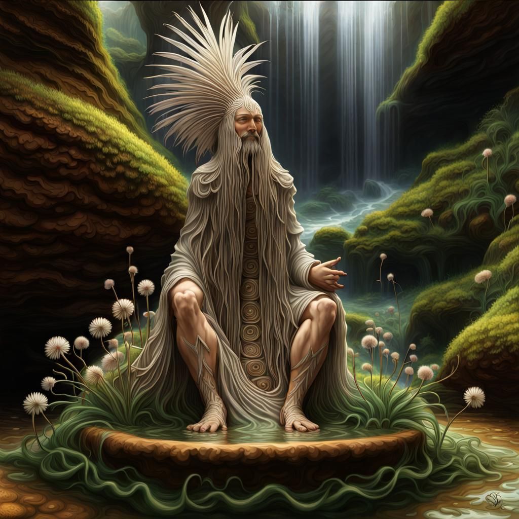 Ornate Sculpture of God Under Waterfall Grotto