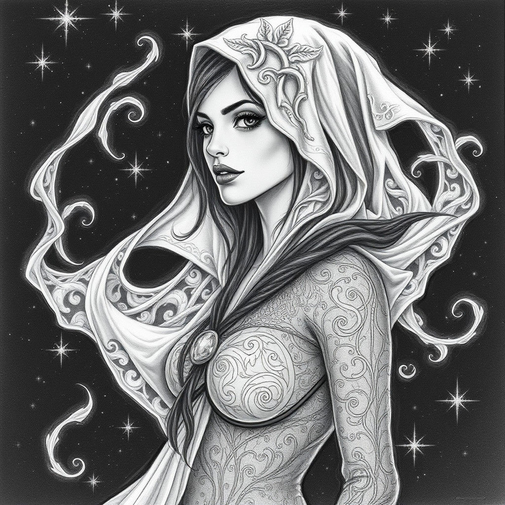 Cosmic Villainess in Hyperrealistic Pencil Sketch Style