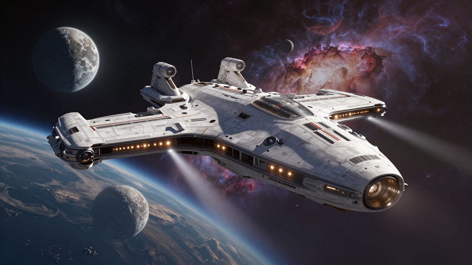 Space Yacht Landing on Alien Planet with Nebula and Moons