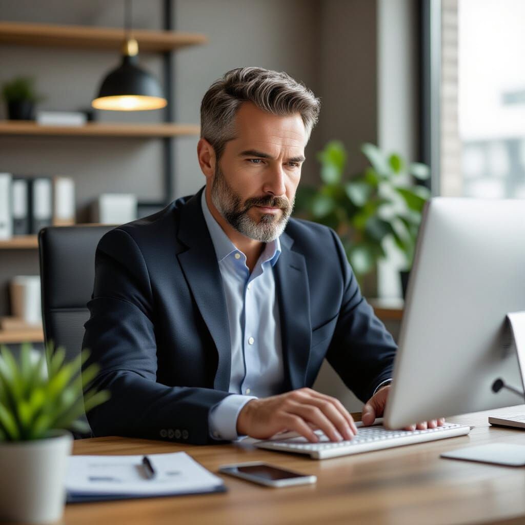 Business Man Working at Computer in Office