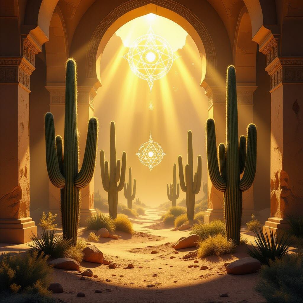 Mystical Desert Temple Interior with Golden Light