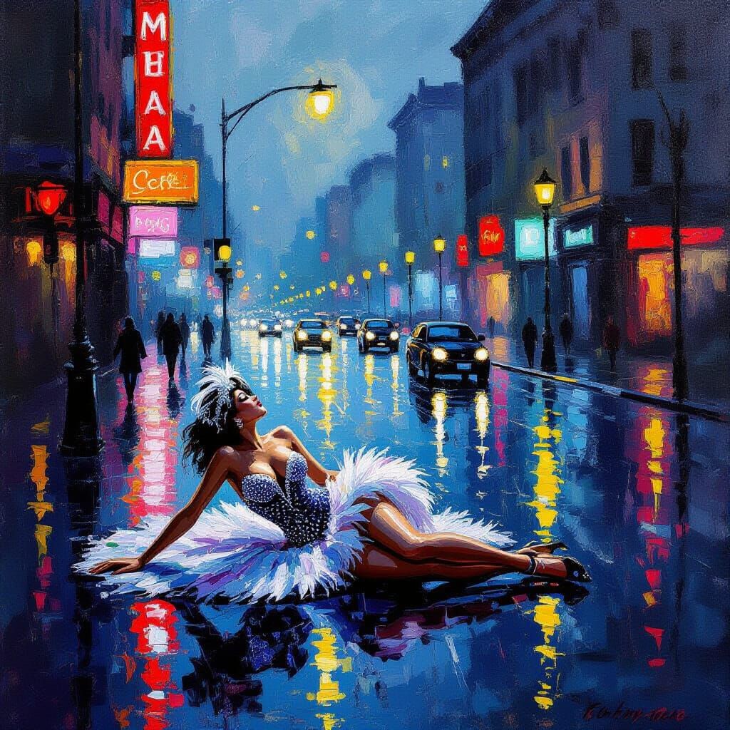 Showgirl Costume on Wet City Street at Dawn