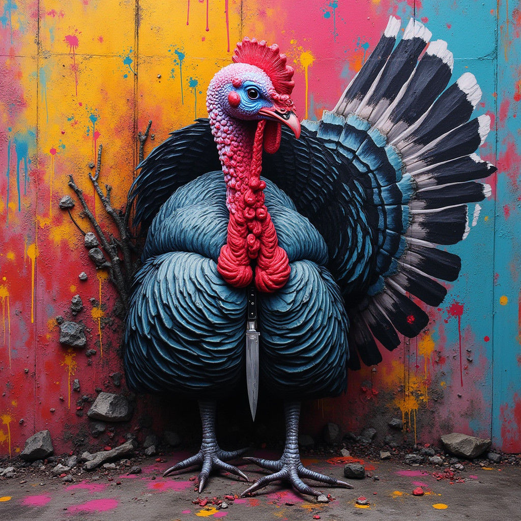 Turkey Bursting from City Wall in Street Art Style