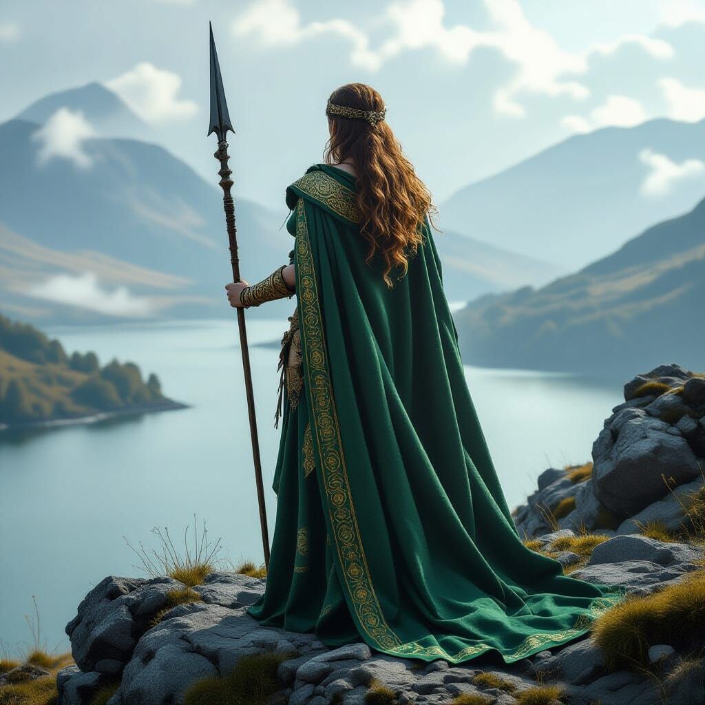 Celtic Warrior Queen Statue Overlooking Misty Loch
