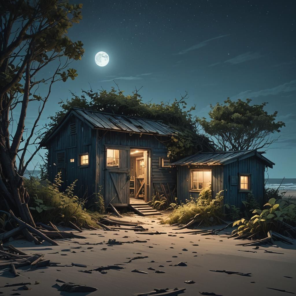 Bioluminescent Beach Shed Digital Matte Painting
