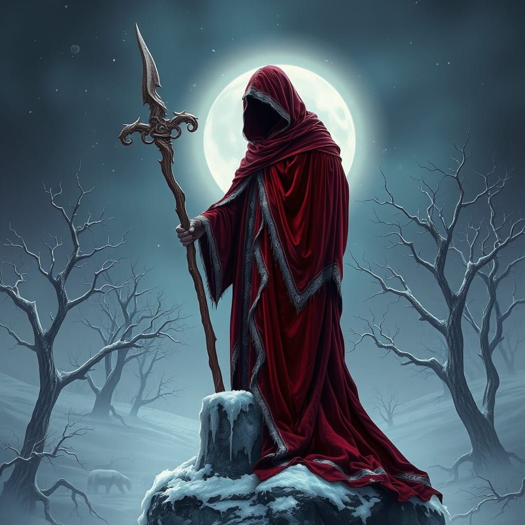 The Yule Reaper: Regal Figure in Crimson Velvet, Frosty Silv...