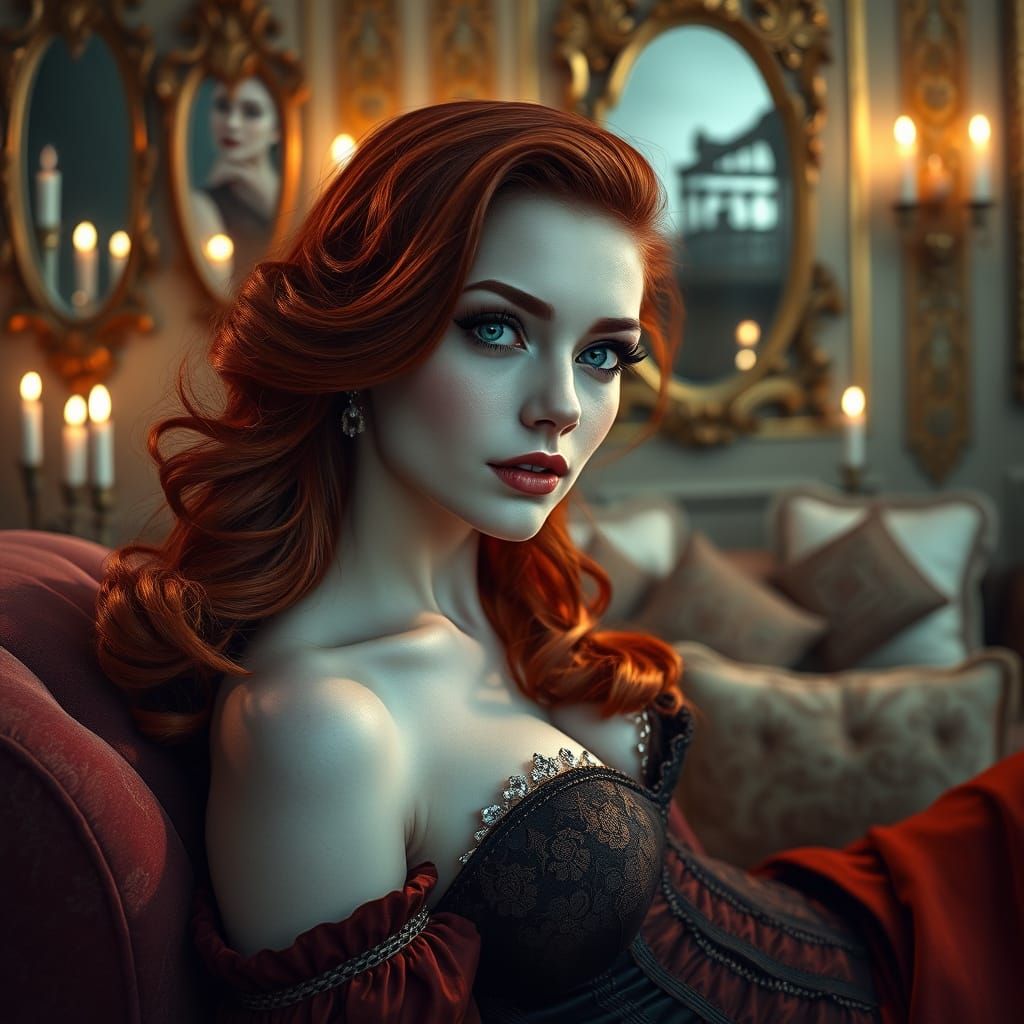 Enchanting Vampire Reclines in Lavish Boudoir
