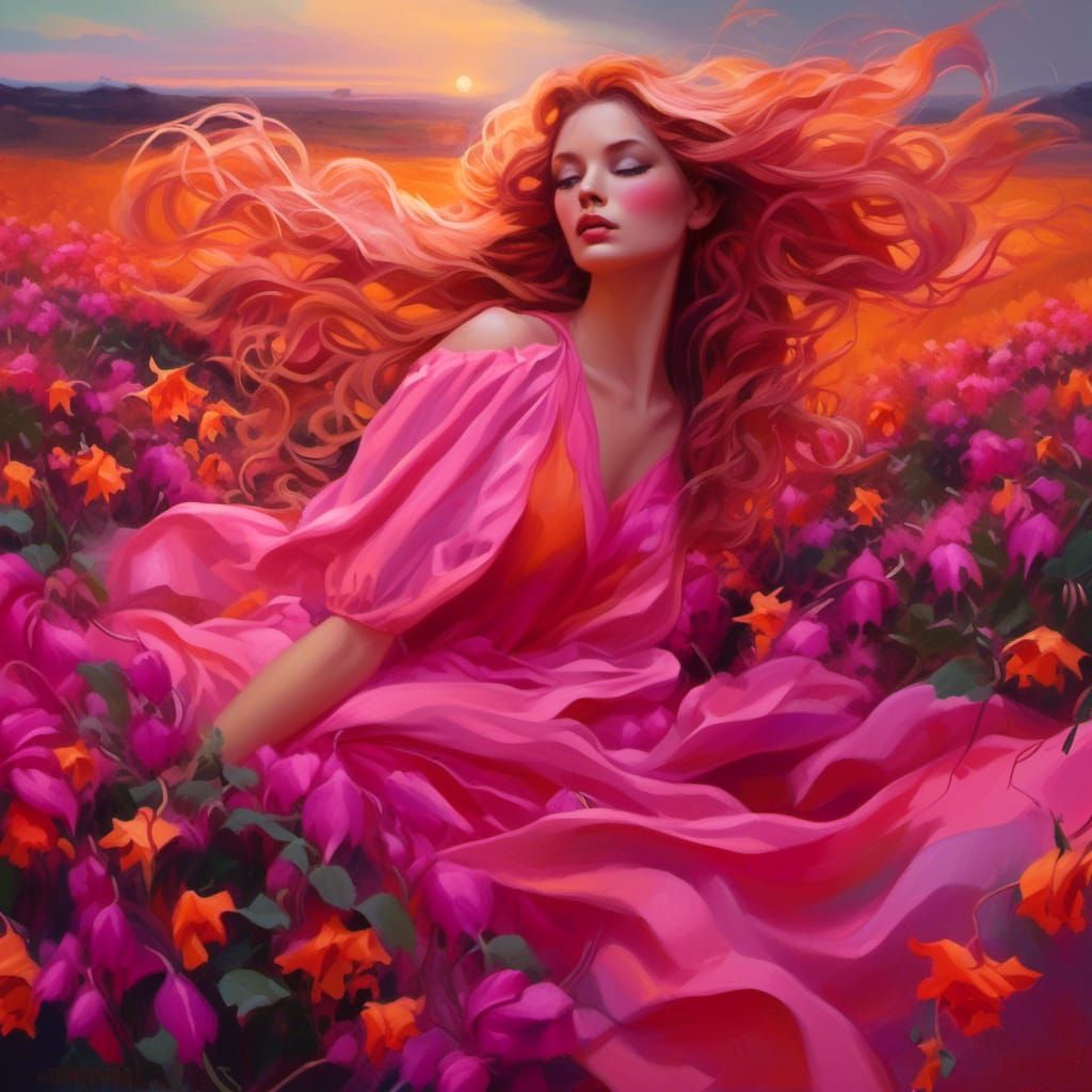 Goddess with Flowing Hair in Sunset Field