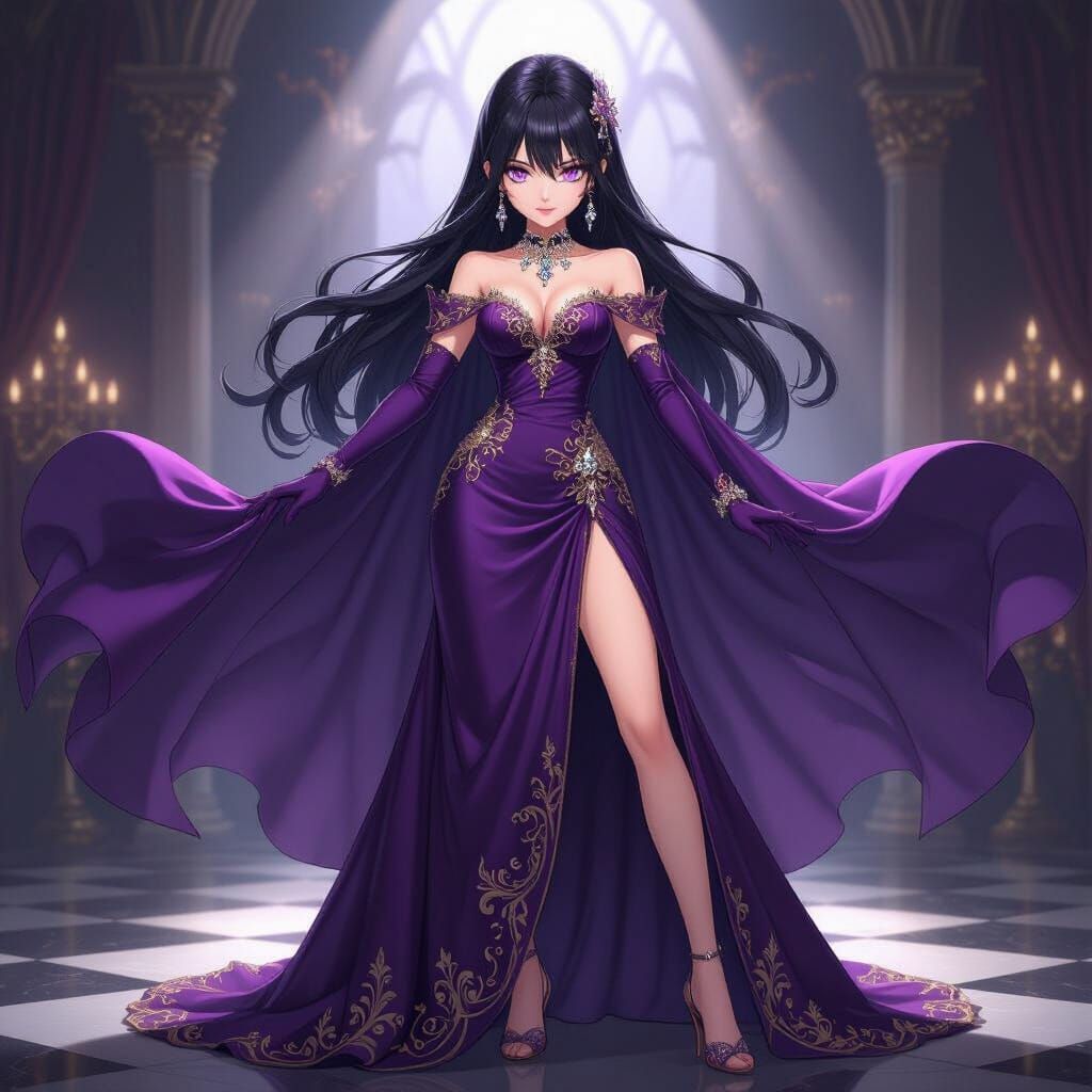 Anime Villainess in Luxurious Purple Gown with Flowing Cape