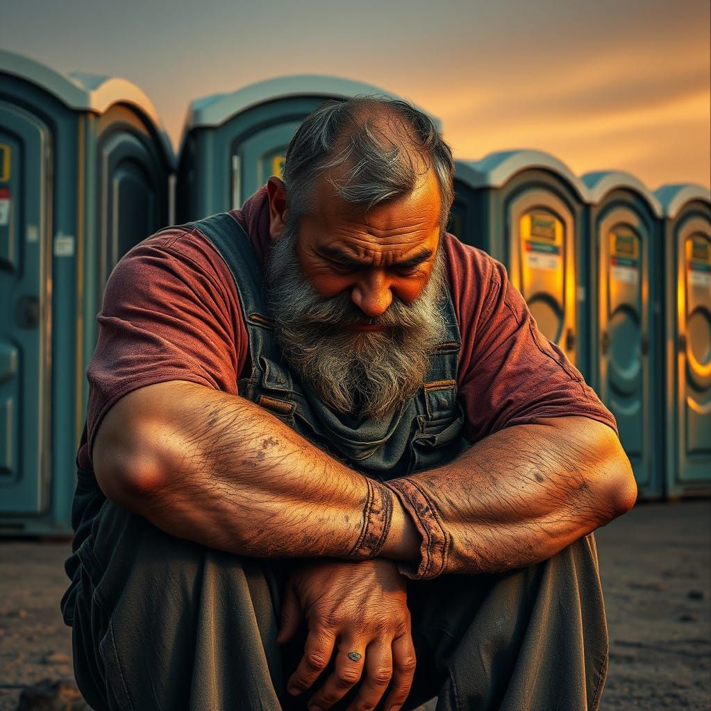 Weary Laborer Finds Solace in Port-a-Potty Contrast