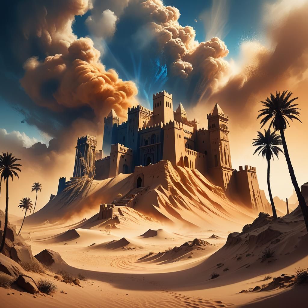 Ancient Desert Fortress in Sandstorm: High Fantasy Concept A...