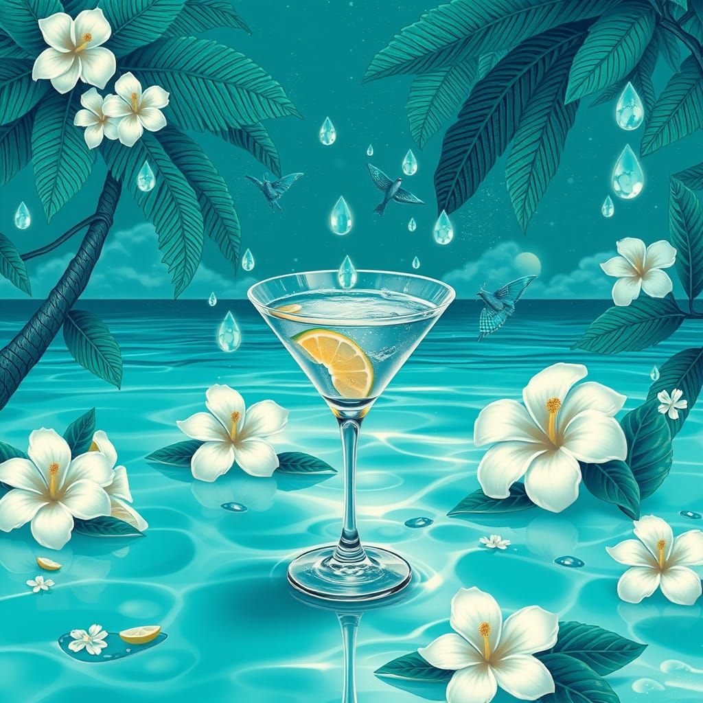 Tropical Teal Beach with Glitches and Hibiscus Flowers