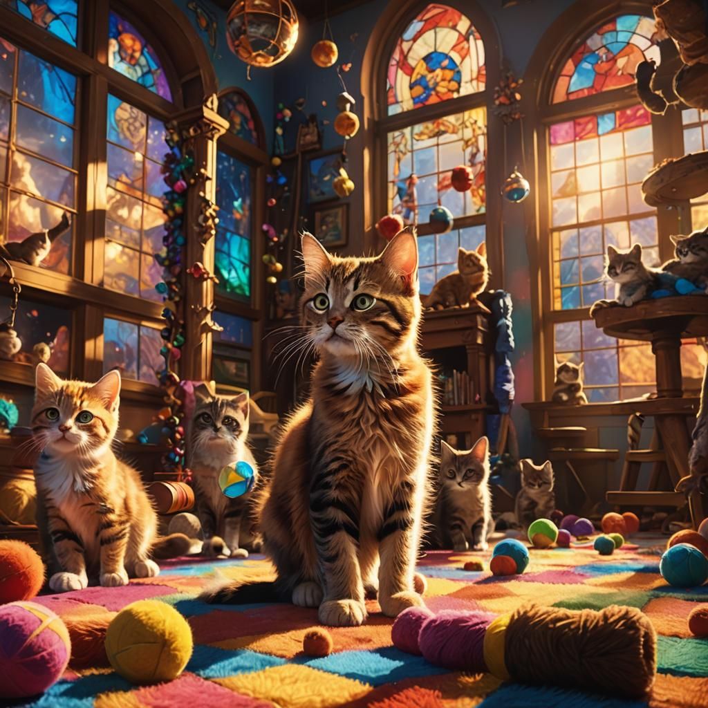 Kittens Play in a Vibrant, Oversized Playroom