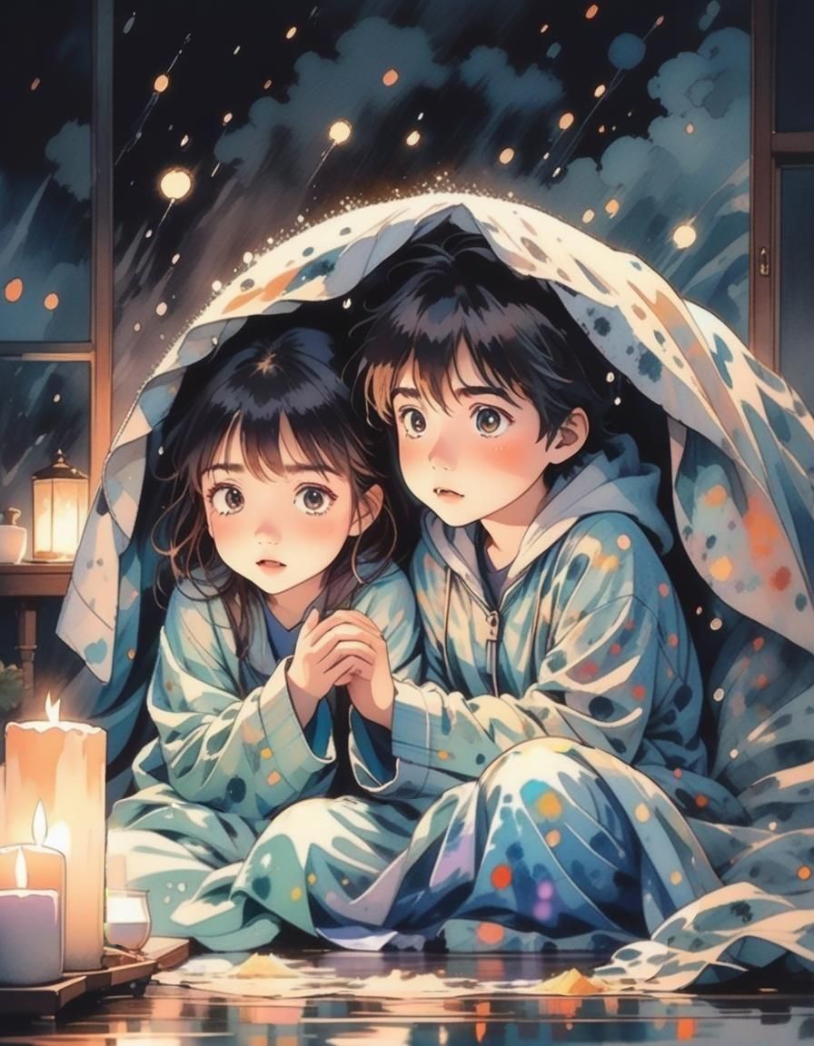 Children Shelter From Storm in Watercolour Illustration