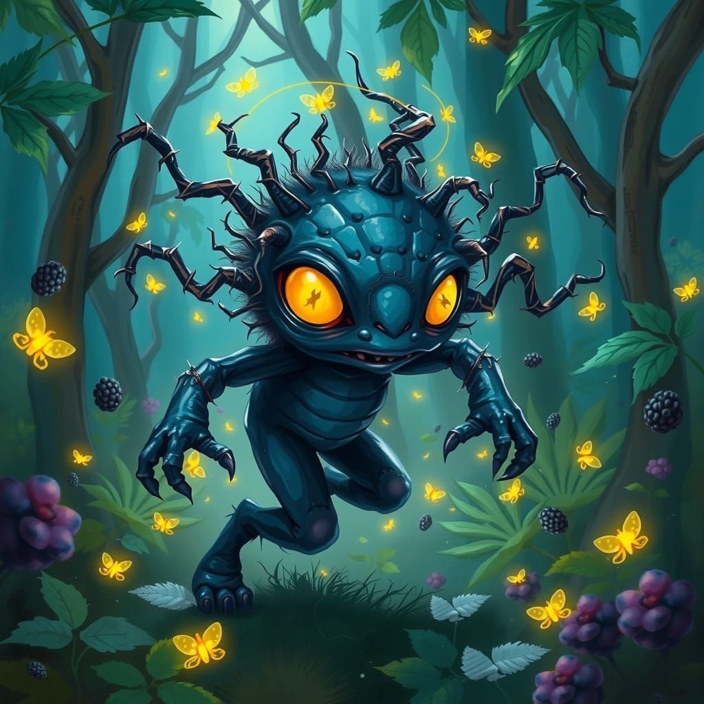 Mystical Forest Creature in Dark Blue Iridescent Skin