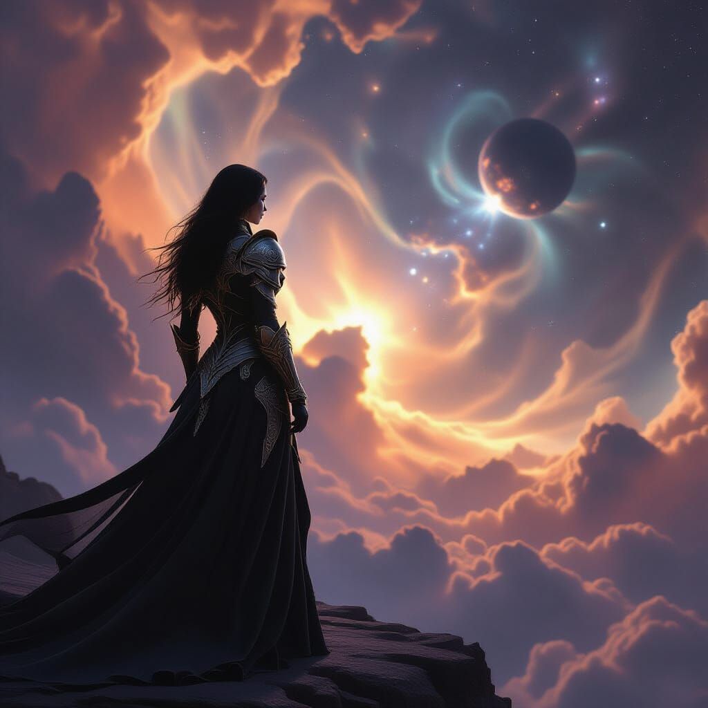 Lone Woman in Nebula, Dark Fantasy Armor