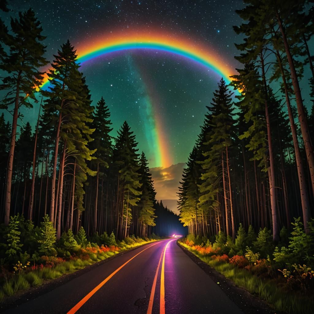 Vibrant Rainbow Road Unveils Celestial Wonders Under Starry....