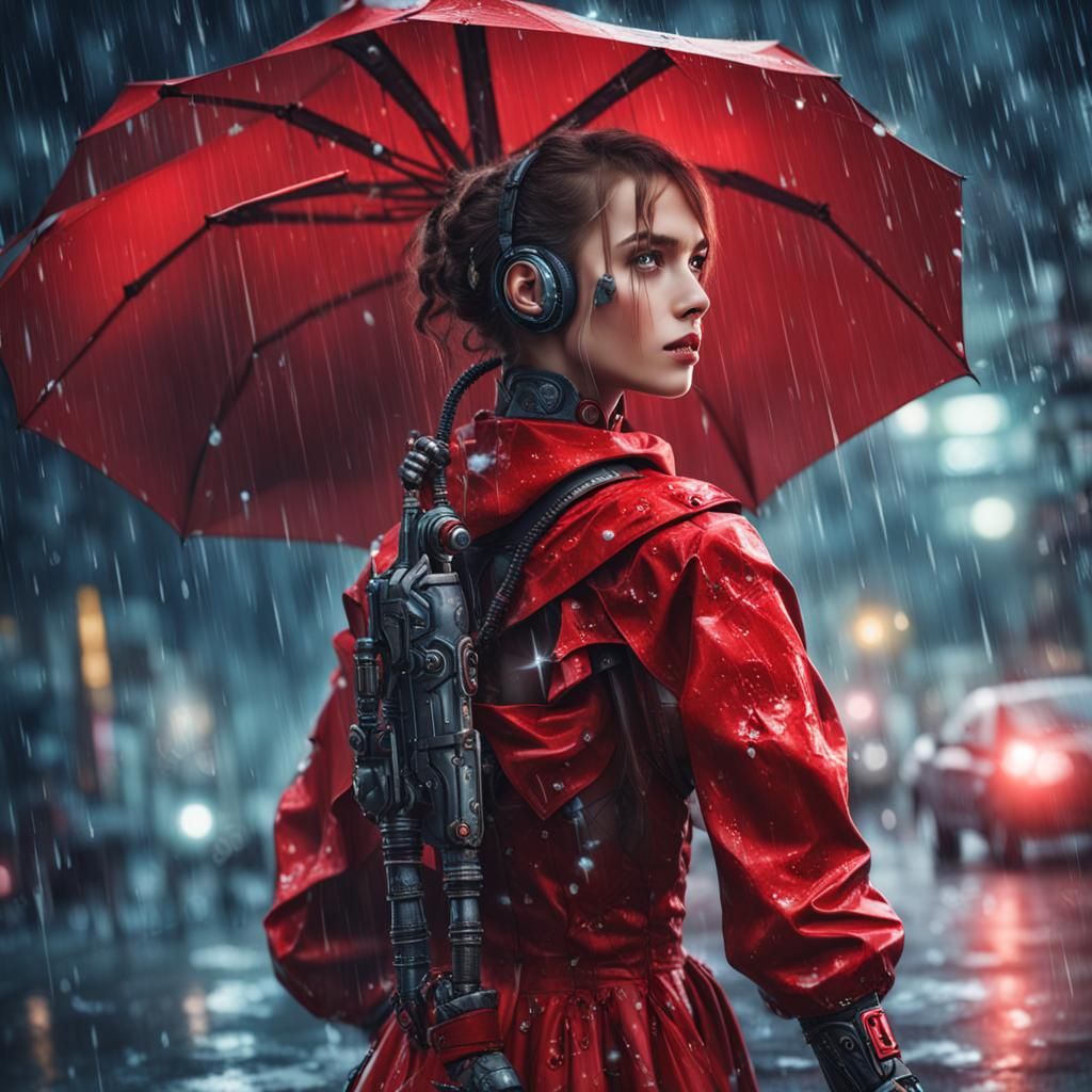 Cyborg Girl in Red Dress Playing in Rain