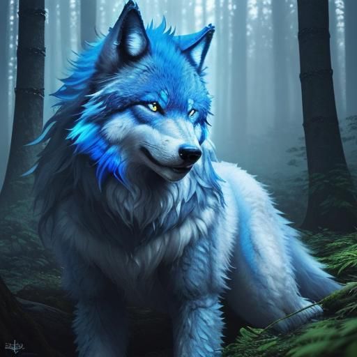 Hyperrealistic Blue Wolf in Colorful Forest